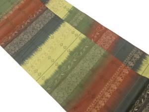 横段に草花模様織出し全通袋帯